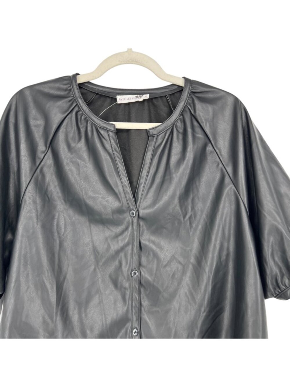 Avec Les Filles Faux Leather Short Sleeve Black Blouse Size XL NWT Edgy Chic - Picture 2 of 10